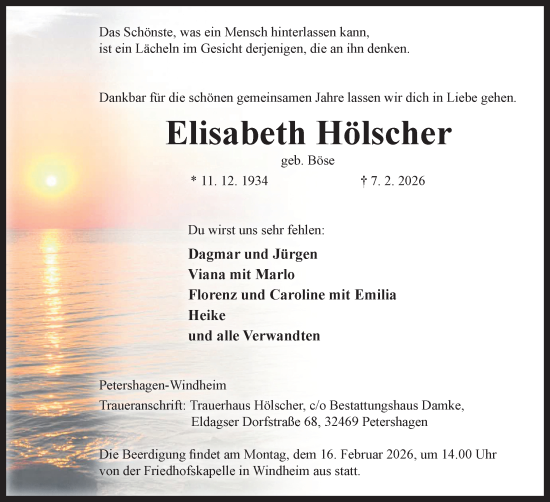Anzeige von Elisabeth Hölscher von Mindener Tageblatt