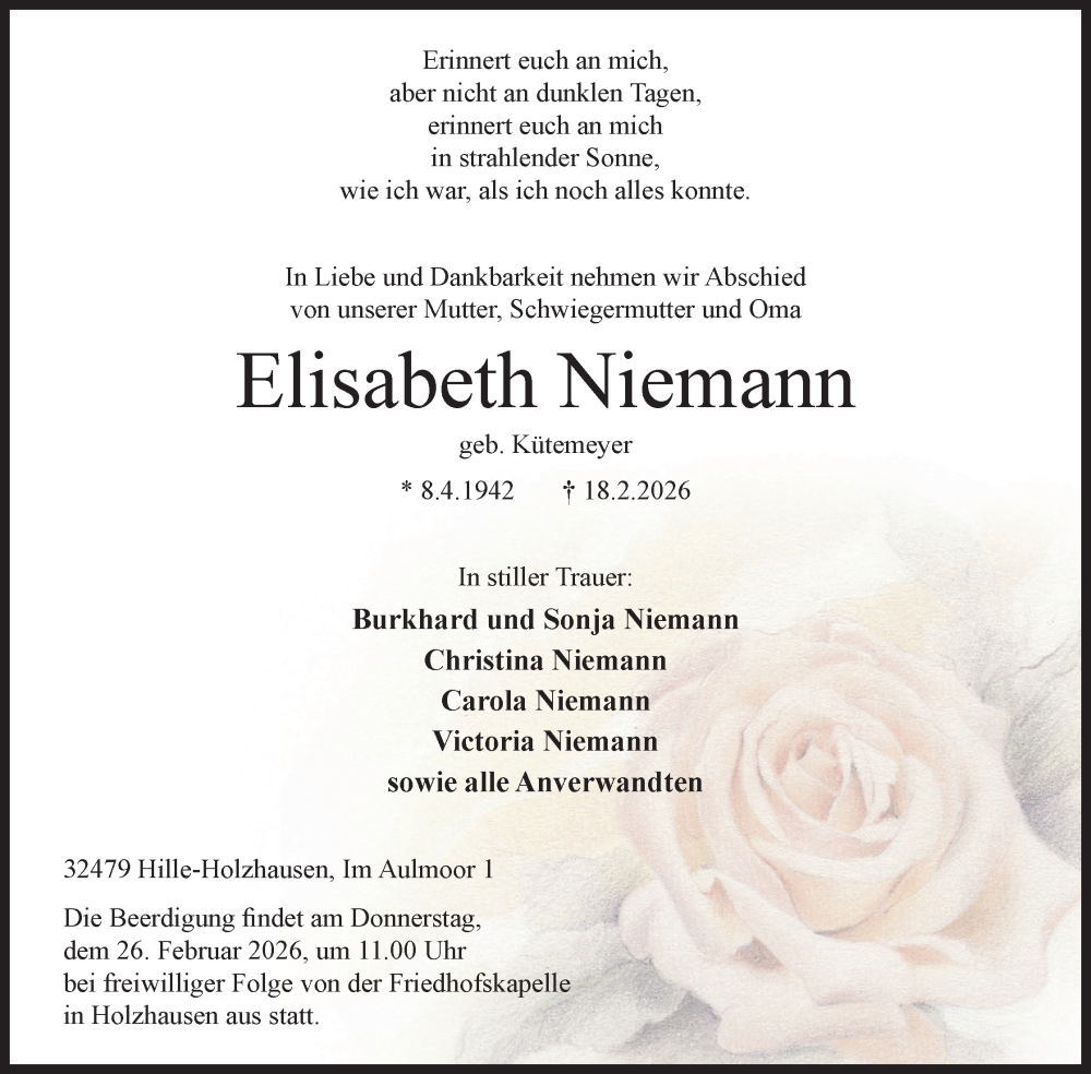  Traueranzeige für Elisabeth Niemann vom 21.02.2026 aus Mindener Tageblatt