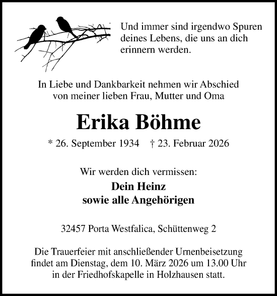 Anzeige von Erika Böhme von Mindener Tageblatt