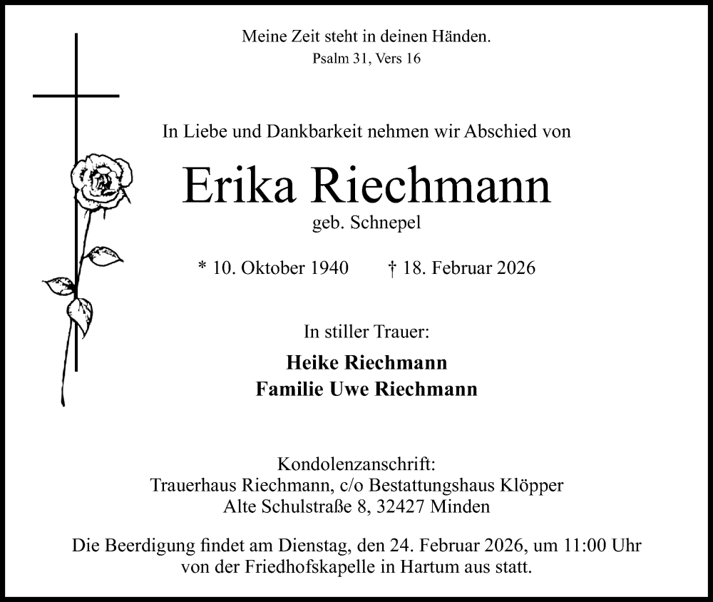  Traueranzeige für Erika Riechmann vom 21.02.2026 aus Mindener Tageblatt