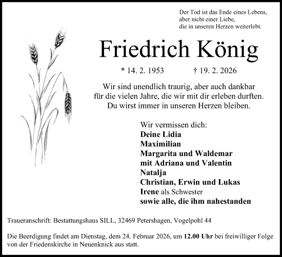 Anzeige von Friedrich König von Mindener Tageblatt