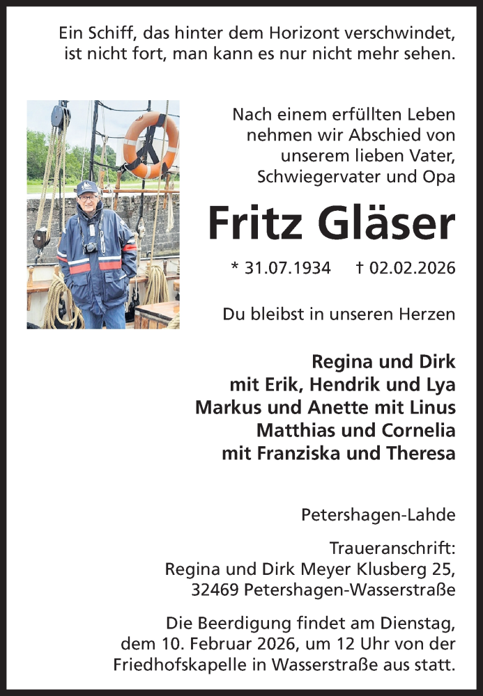  Traueranzeige für Fritz Gläser vom 07.02.2026 aus Mindener Tageblatt