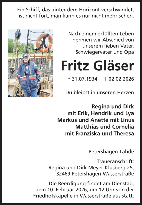 Anzeige von Fritz Gläser von Mindener Tageblatt