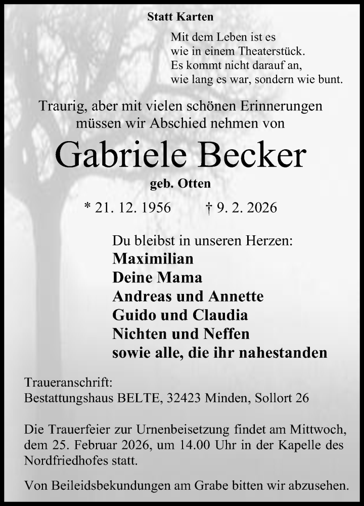  Traueranzeige für Gabriele Becker vom 18.02.2026 aus Mindener Tageblatt