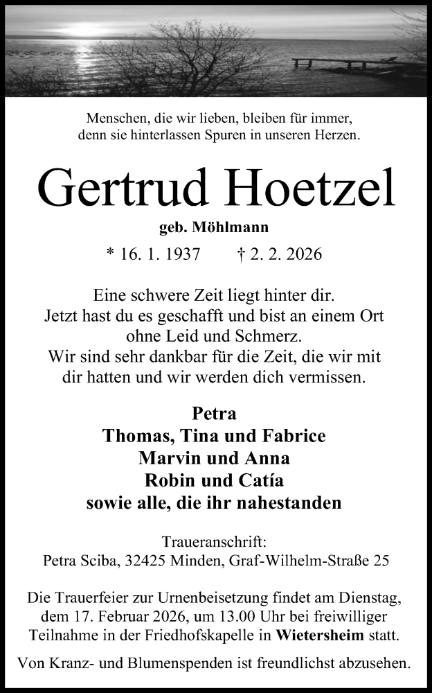  Traueranzeige für Gertrud Hoetzel vom 07.02.2026 aus Mindener Tageblatt