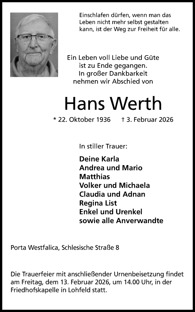  Traueranzeige für Hans Werth vom 07.02.2026 aus Mindener Tageblatt