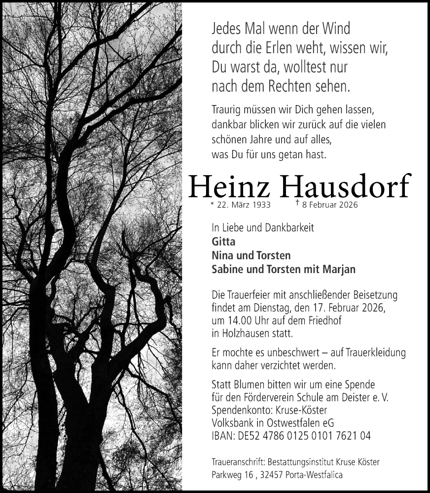  Traueranzeige für Heinz Hausdorf vom 14.02.2026 aus Mindener Tageblatt