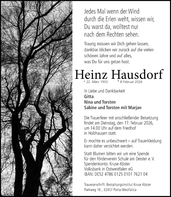 Anzeige von Heinz Hausdorf von Mindener Tageblatt