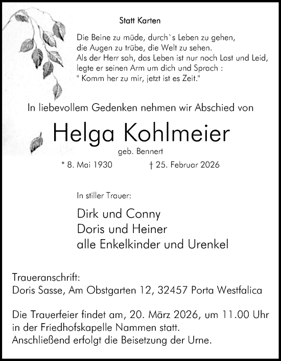 Anzeige von Helga Kohlmeier von Mindener Tageblatt