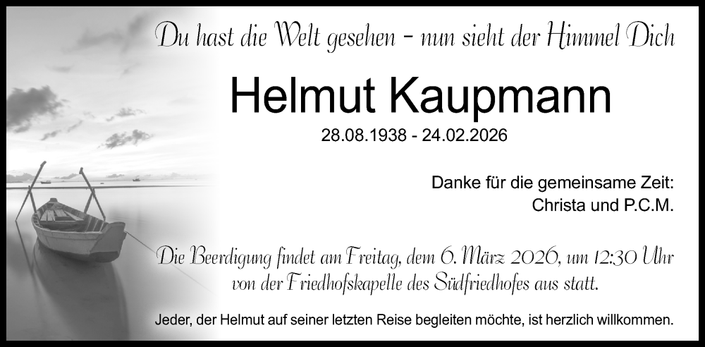  Traueranzeige für Helmut Kaupmann vom 28.02.2026 aus Mindener Tageblatt