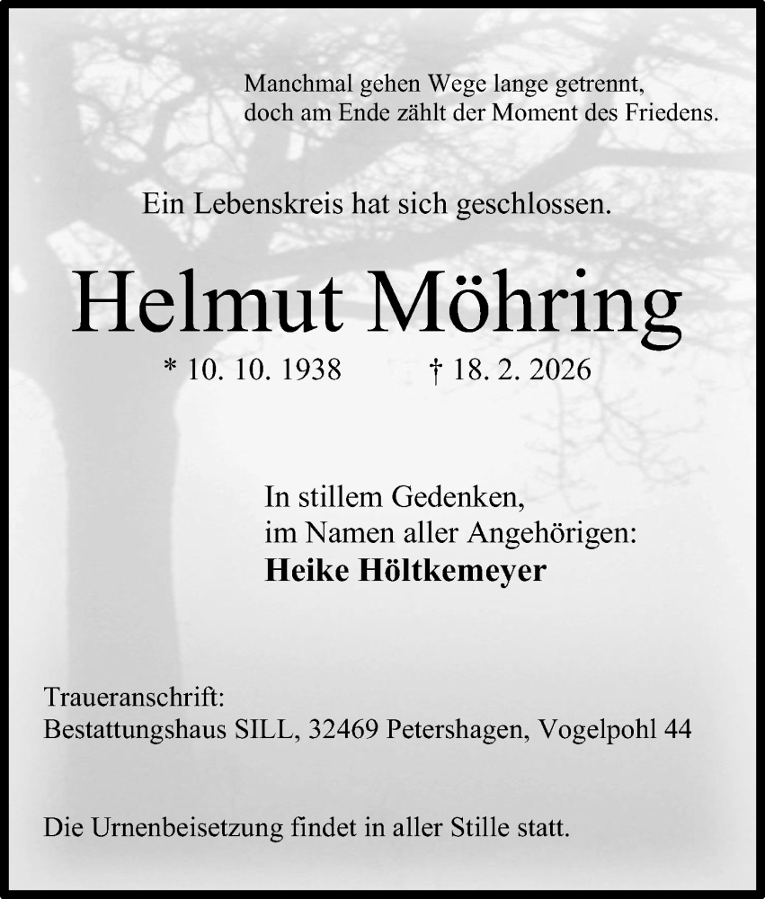  Traueranzeige für Helmut Möhring vom 21.02.2026 aus Mindener Tageblatt