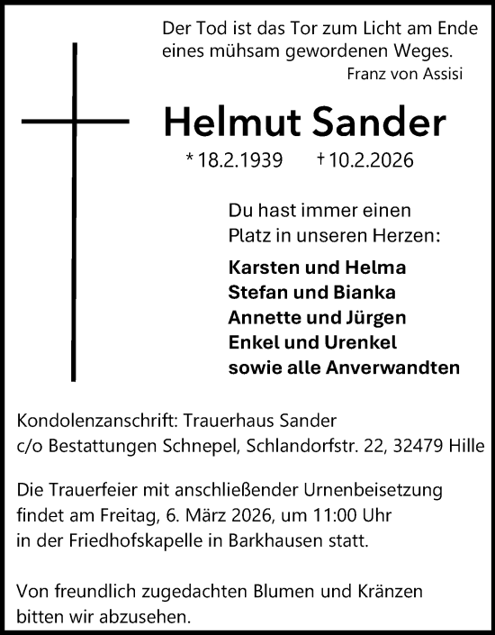 Anzeige von Helmut Sander von Mindener Tageblatt