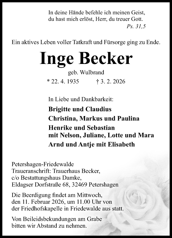 Anzeige von Inge Becker von Mindener Tageblatt