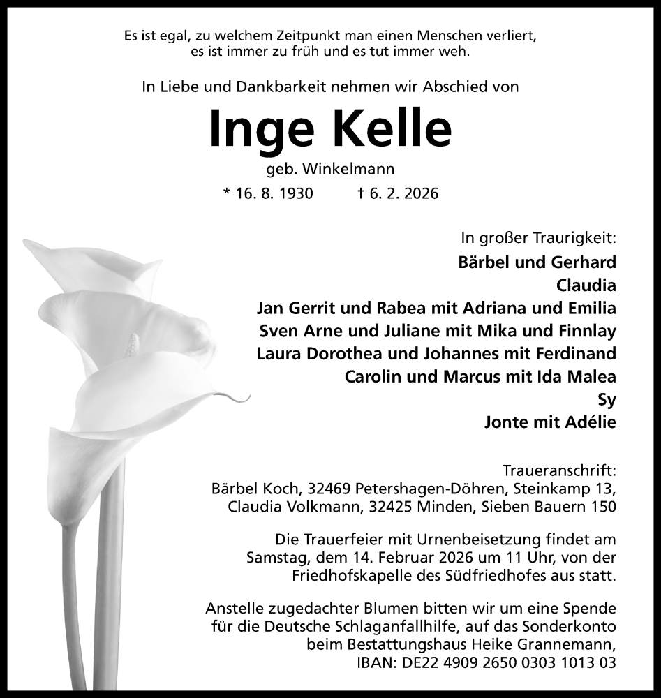  Traueranzeige für Inge Kelle vom 11.02.2026 aus Mindener Tageblatt