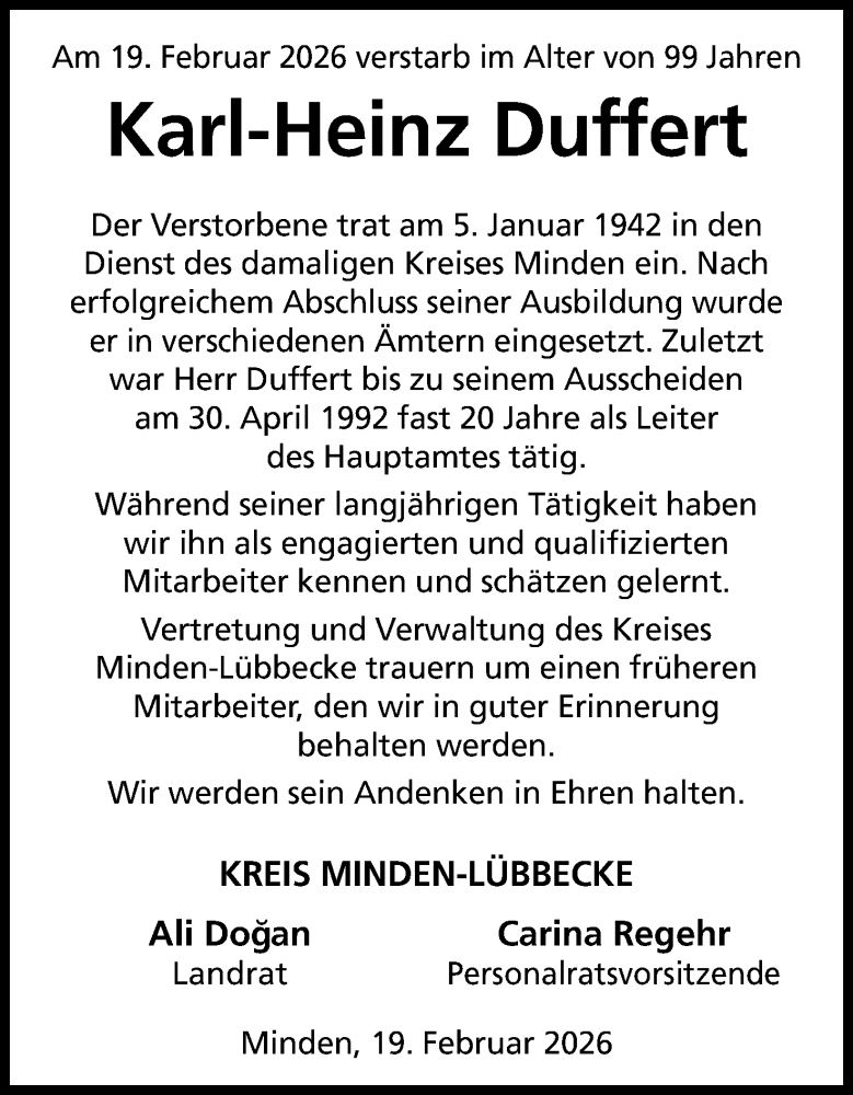  Traueranzeige für Karl-Heinz Duffert vom 21.02.2026 aus Mindener Tageblatt