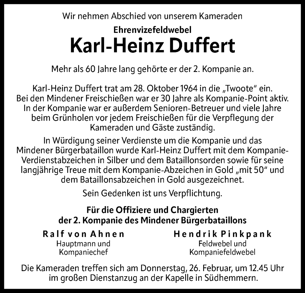  Traueranzeige für Karl-Heinz Duffert vom 21.02.2026 aus Mindener Tageblatt