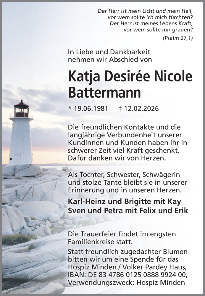  Traueranzeige für Katja Desirée Nicole Battermann vom 14.02.2026 aus Mindener Tageblatt
