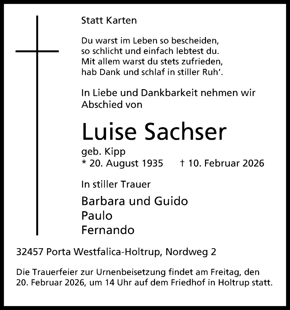  Traueranzeige für Luise Sachser vom 14.02.2026 aus Mindener Tageblatt