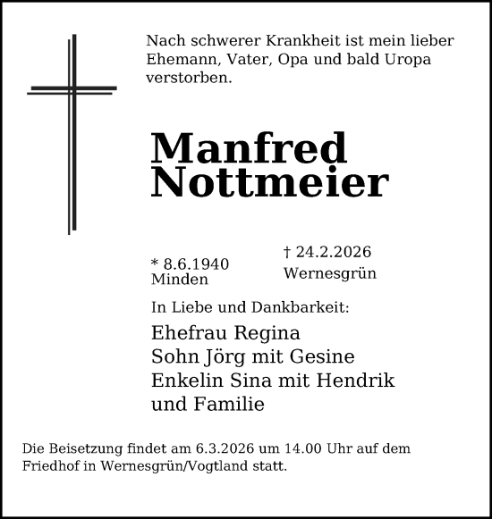 Anzeige von Manfred Nottmeier von Mindener Tageblatt