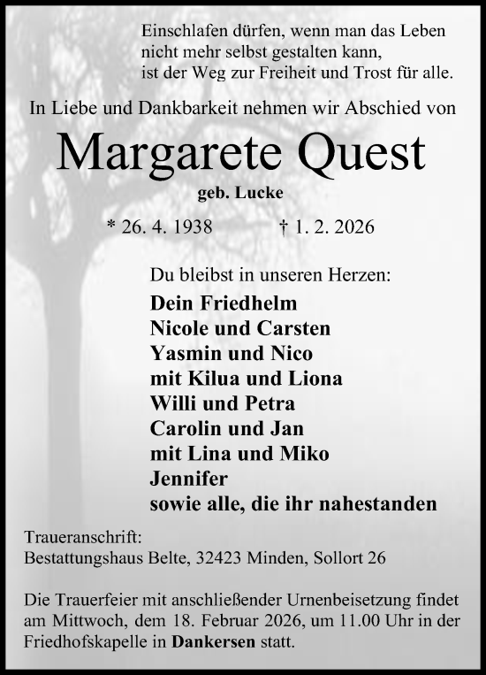 Anzeige von Margarete Quest von Mindener Tageblatt