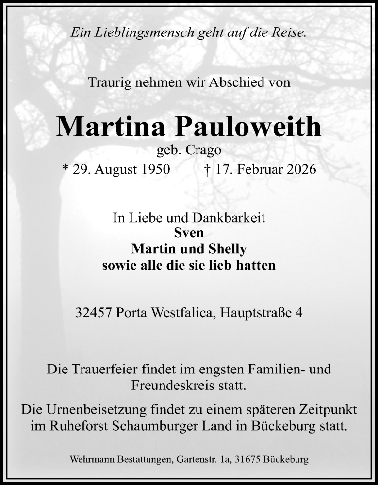  Traueranzeige für Martina Pauloweith vom 21.02.2026 aus Mindener Tageblatt