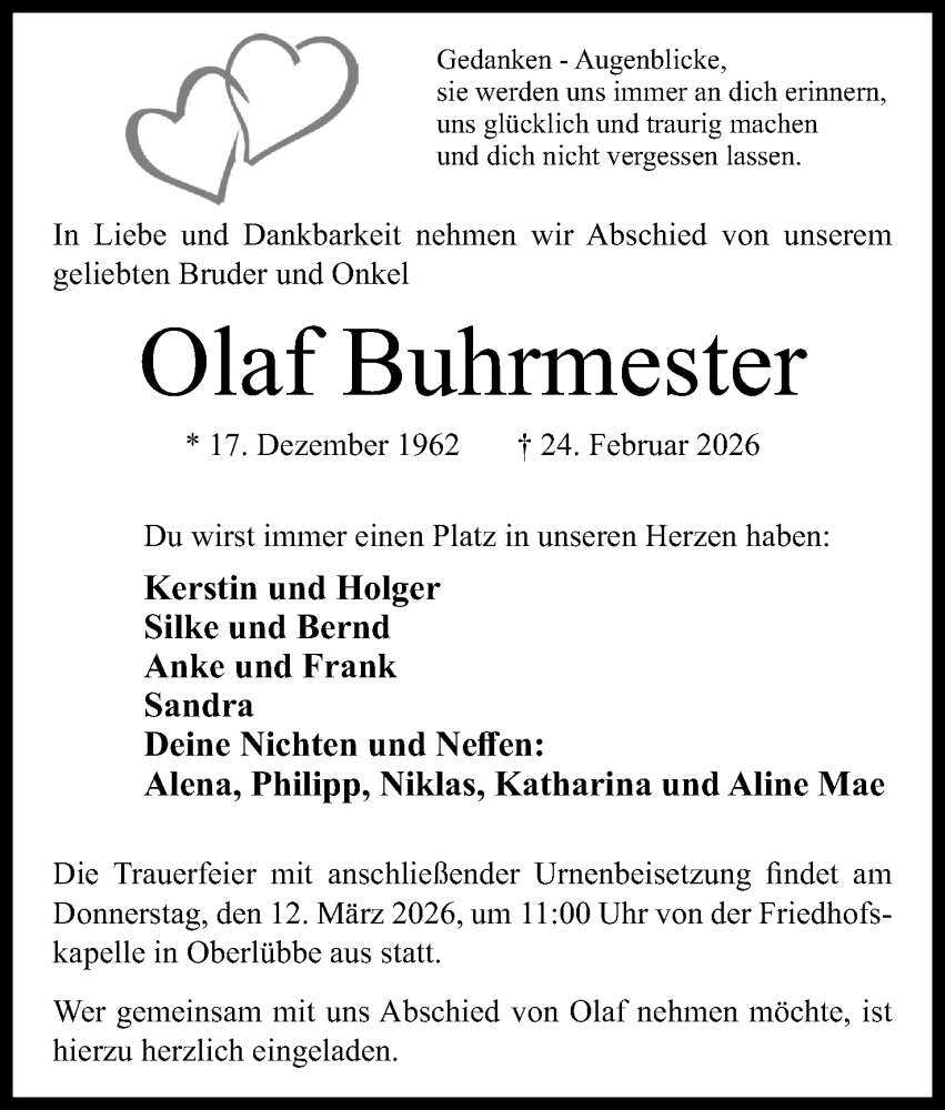  Traueranzeige für Olaf Buhrmester vom 28.02.2026 aus Mindener Tageblatt