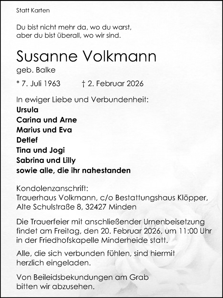  Traueranzeige für Susanne Volkmann vom 07.02.2026 aus Mindener Tageblatt