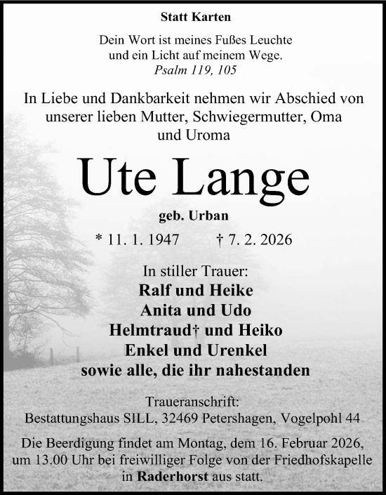Anzeige von Ute Lange von Mindener Tageblatt