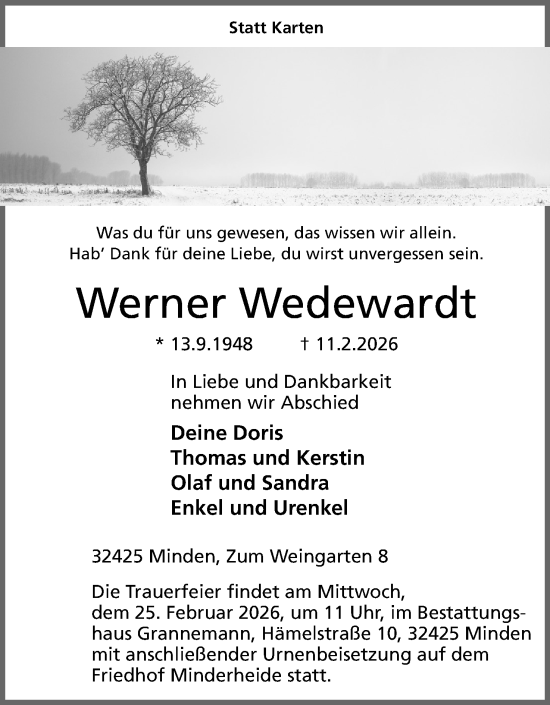 Anzeige von Werner Wedewardt von Mindener Tageblatt
