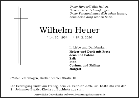 Anzeige von Wilhelm Heuer von Mindener Tageblatt