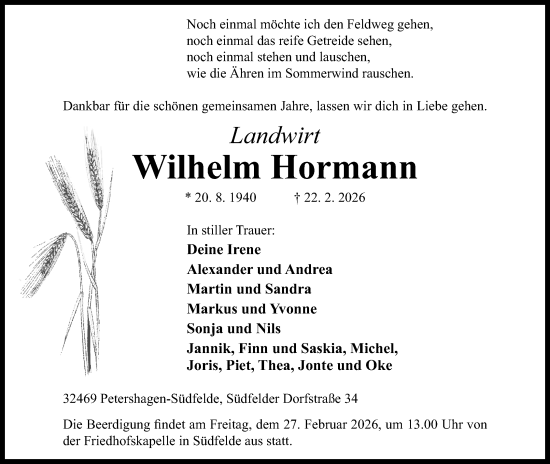 Anzeige von Wilhelm Hormann von Mindener Tageblatt