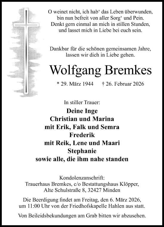 Anzeige von Wolfgang Bremkes von Mindener Tageblatt