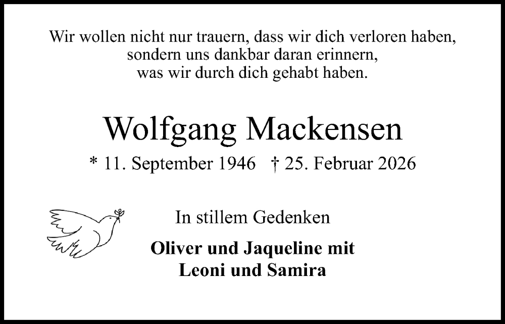  Traueranzeige für Wolfgang Mackensen vom 28.02.2026 aus Mindener Tageblatt
